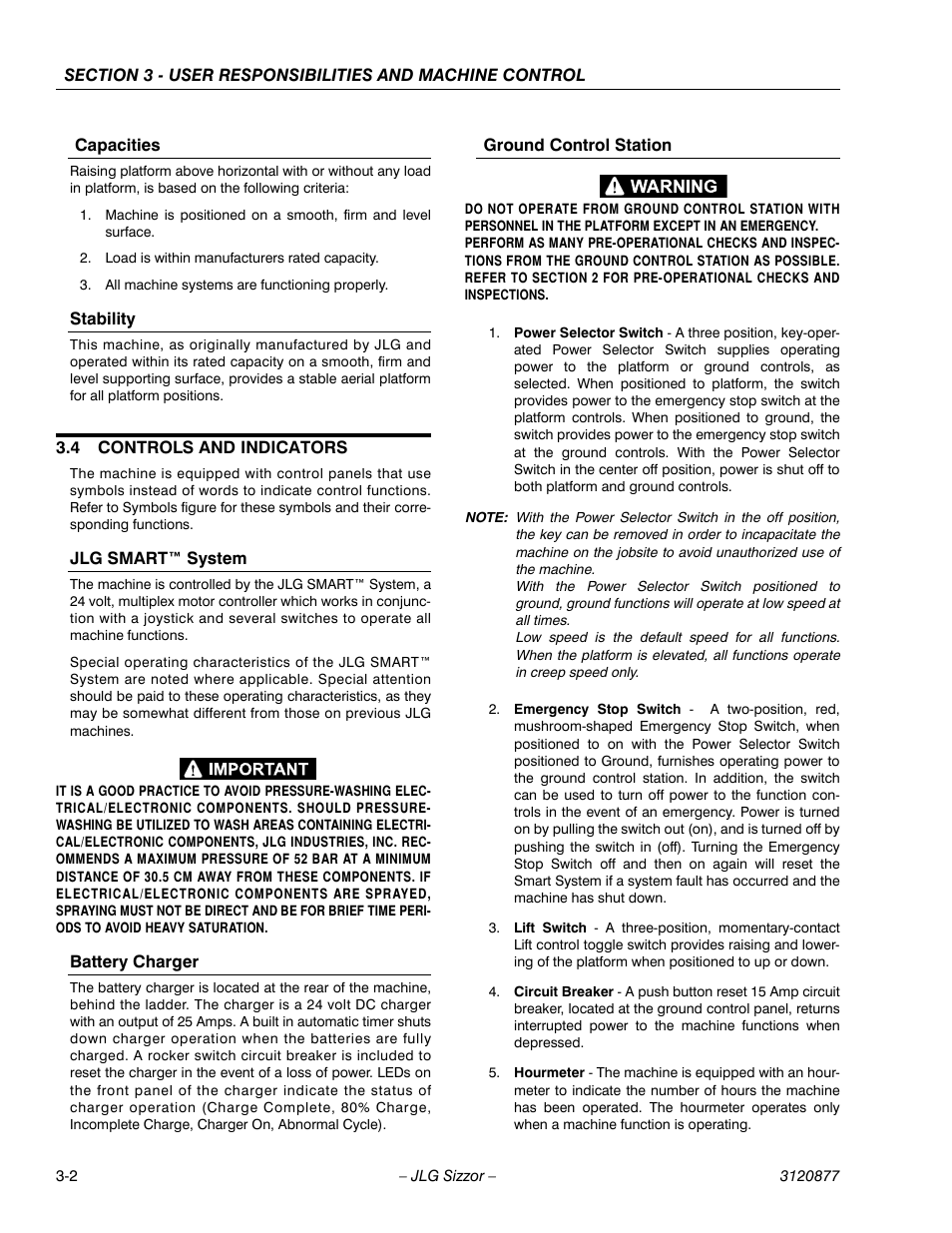 Capacities, Stability, 4 controls and indicators | Jlg smart™ system, Battery charger, Ground control station, Controls and indicators -2 | JLG 2658E3 Operator Manual User Manual | Page 22 / 68