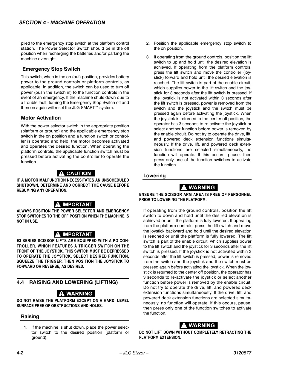 Emergency stop switch, Motor activation, 4 raising and lowering (lifting) | Raising, Lowering, Raising and lowering (lifting) -2 | JLG 2658E3 Operator Manual User Manual | Page 58 / 68