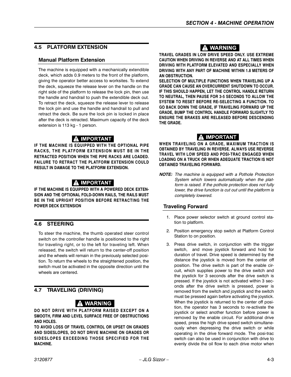 5 platform extension, Manual platform extension, 6 steering | 7 traveling (driving), Traveling forward, Platform extension -3, Steering -3, Traveling (driving) -3 | JLG 2658E3 Operator Manual User Manual | Page 59 / 68