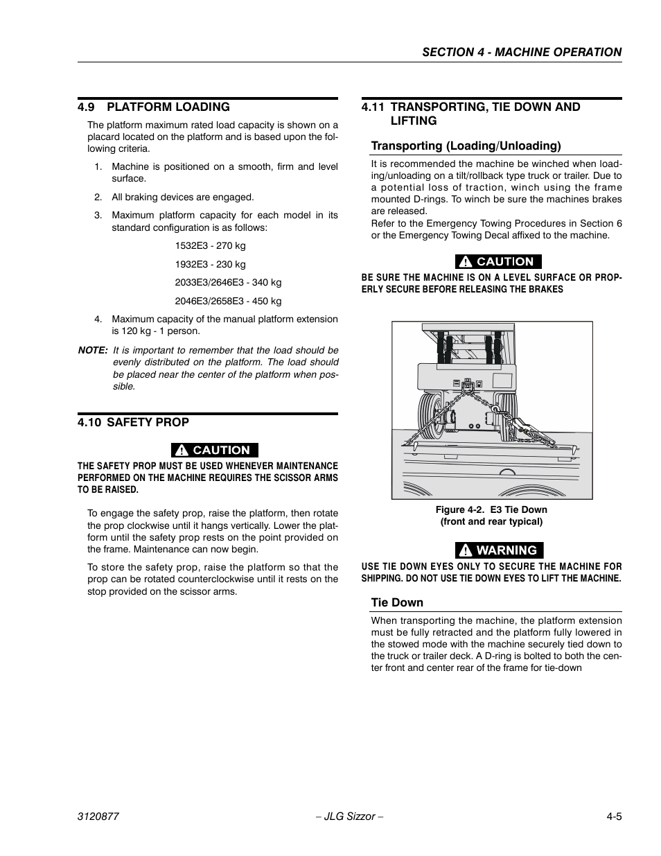 9 platform loading, 10 safety prop, 11 transporting, tie down and lifting | Transporting (loading/unloading), Tie down, Platform loading -5, Safety prop -5, Transporting, tie down and lifting -5 | JLG 2658E3 Operator Manual User Manual | Page 61 / 68