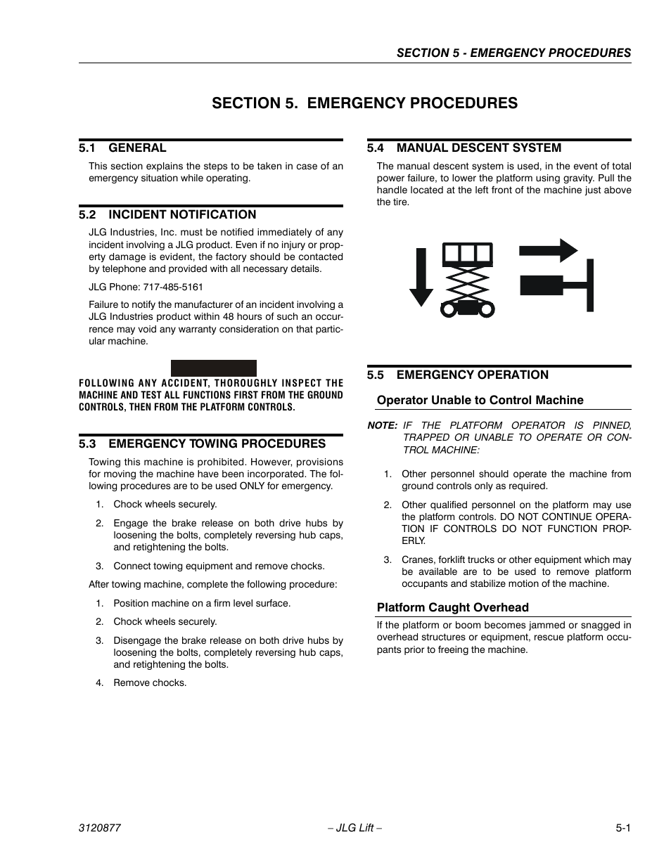 Section 5. emergency procedures, 1 general, 2 incident notification | 3 emergency towing procedures, 4 manual descent system, 5 emergency operation, Operator unable to control machine, Platform caught overhead, Section 5 - emergency procedures, General -1 | JLG 2658E3 Operator Manual User Manual | Page 63 / 68