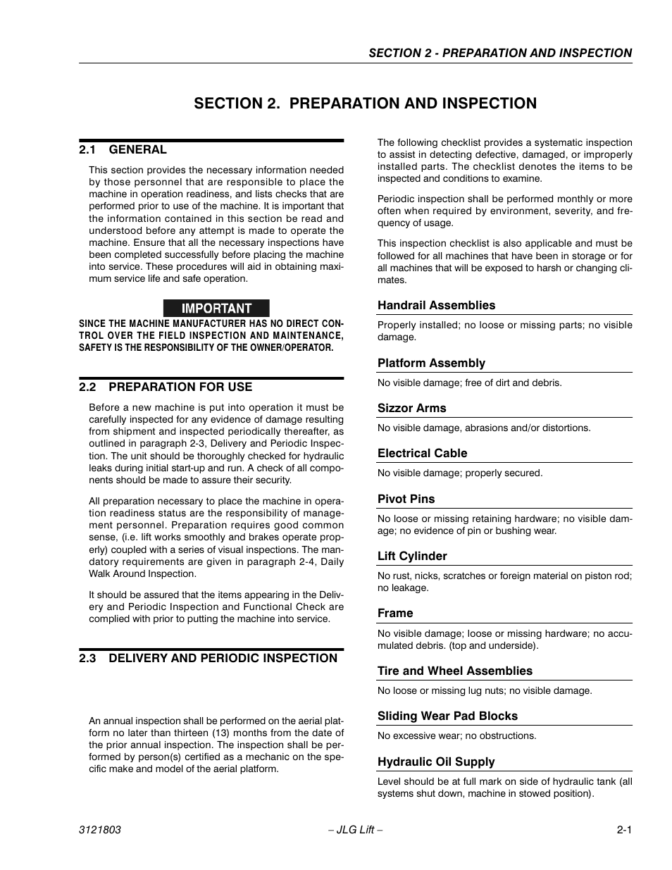 Section 2. preparation and inspection, 1 general, 2 preparation for use | 3 delivery and periodic inspection, Handrail assemblies, Platform assembly, Sizzor arms, Electrical cable, Pivot pins, Lift cylinder | JLG 400CRT Operator Manual User Manual | Page 13 / 46
