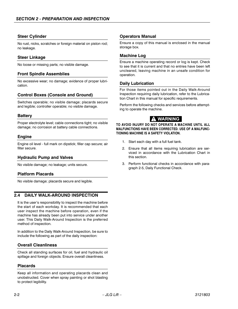 Steer cylinder, Steer linkage, Front spindle assemblies | Control boxes (console and ground), Battery, Engine, Hydraulic pump and valves, Platform placards, 4 daily walk-around inspection, Overall cleanliness | JLG 400CRT Operator Manual User Manual | Page 14 / 46