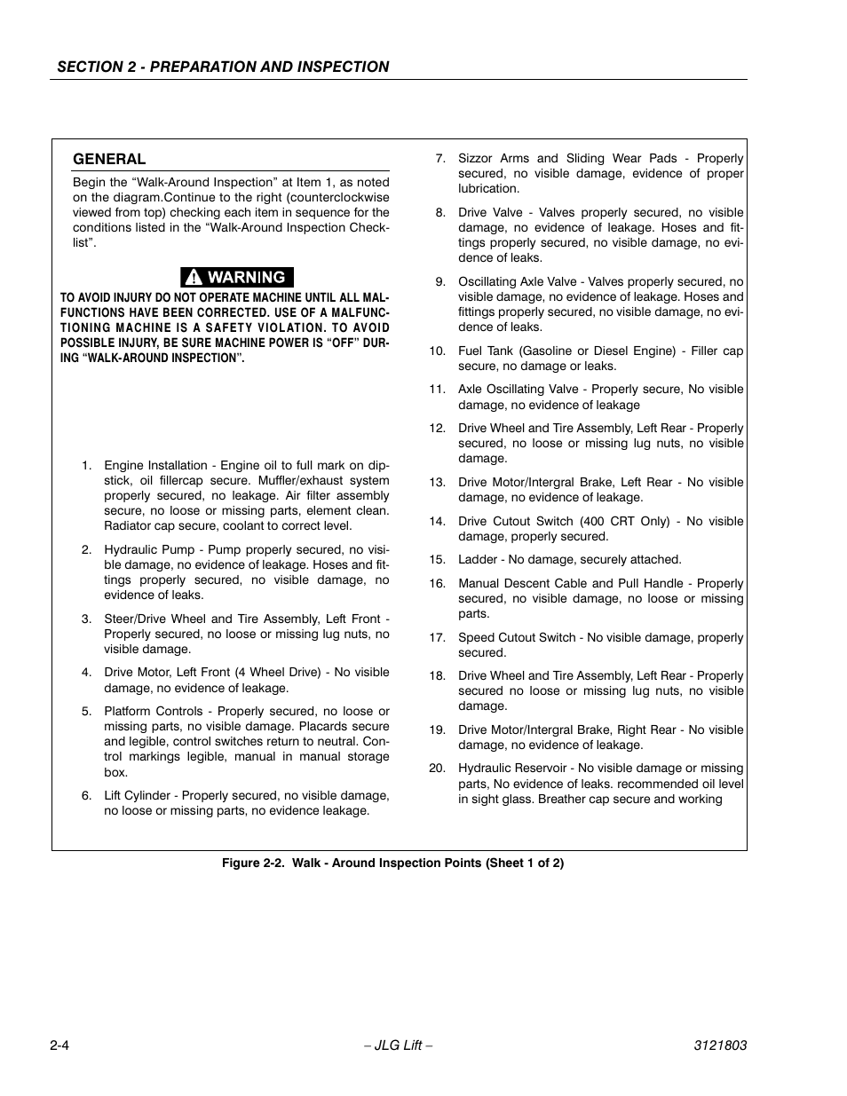 Walk - around inspection points (sheet 1 of 2) -4 | JLG 400CRT Operator Manual User Manual | Page 16 / 46
