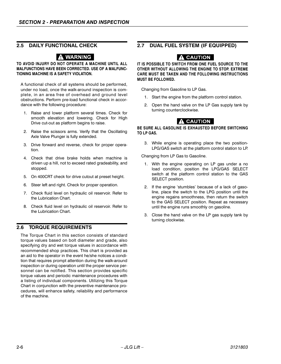 5 daily functional check, 6 torque requirements, 7 dual fuel system (if equipped) | Daily functional check -6, Torque requirements -6, Dual fuel system (if equipped) -6 | JLG 400CRT Operator Manual User Manual | Page 18 / 46