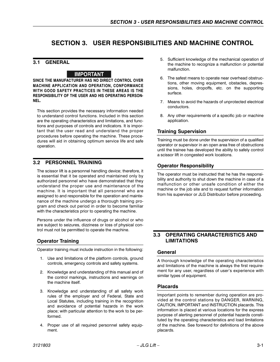 1 general, 2 personnel training, Operator training | Training supervision, Operator responsibility, 3 operating characteristics and limitations, General, Placards, General -1, Personnel training -1 | JLG 400CRT Operator Manual User Manual | Page 21 / 46