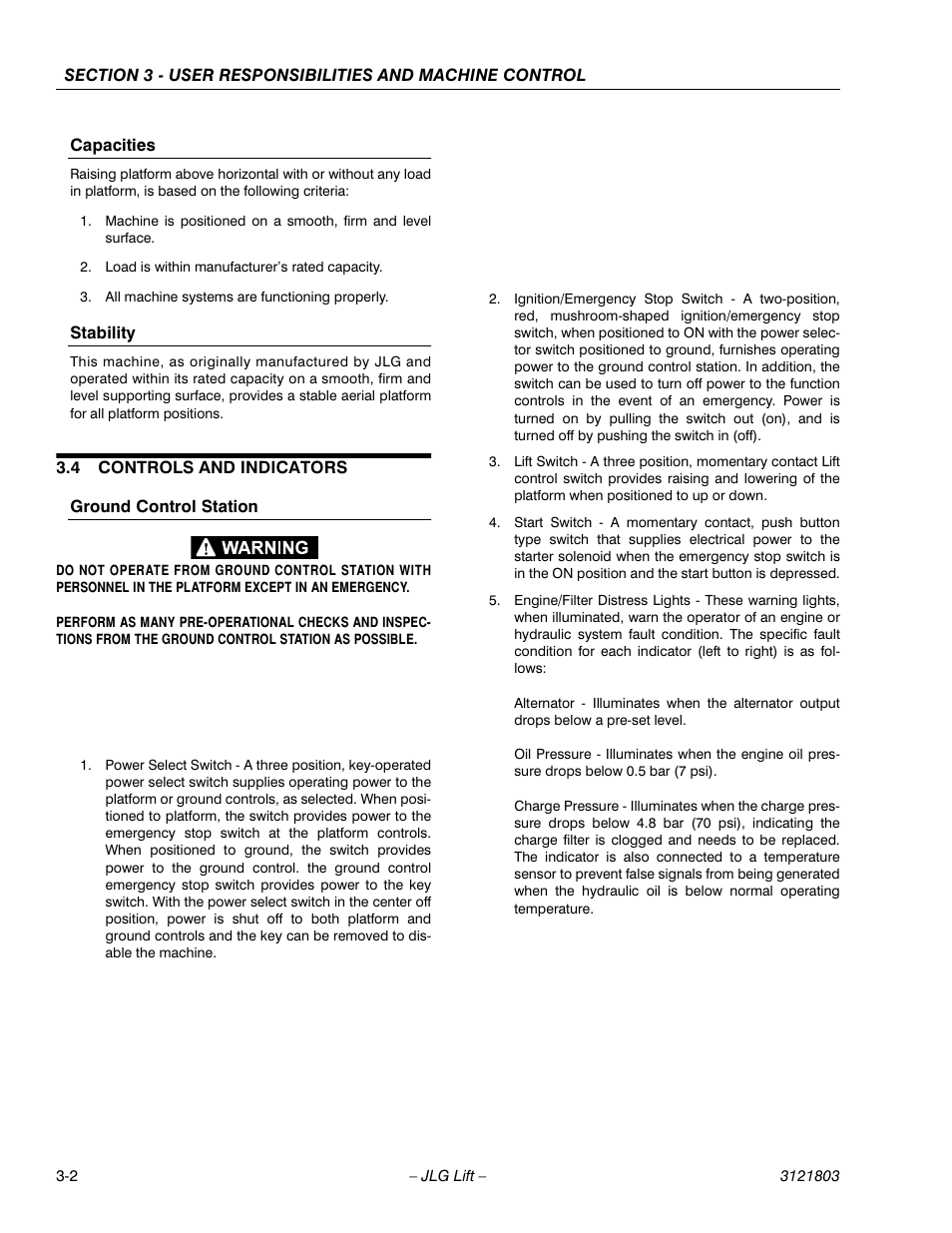 Capacities, Stability, 4 controls and indicators | Ground control station, Controls and indicators -2 | JLG 400CRT Operator Manual User Manual | Page 22 / 46