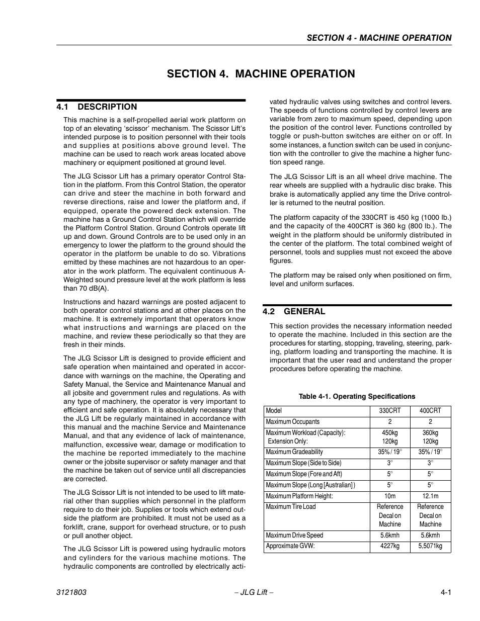 Section 4. machine operation, 1 description, 2 general | Section 4 - machine operation, Description -1, General -1, Operating specifications -1 | JLG 400CRT Operator Manual User Manual | Page 33 / 46