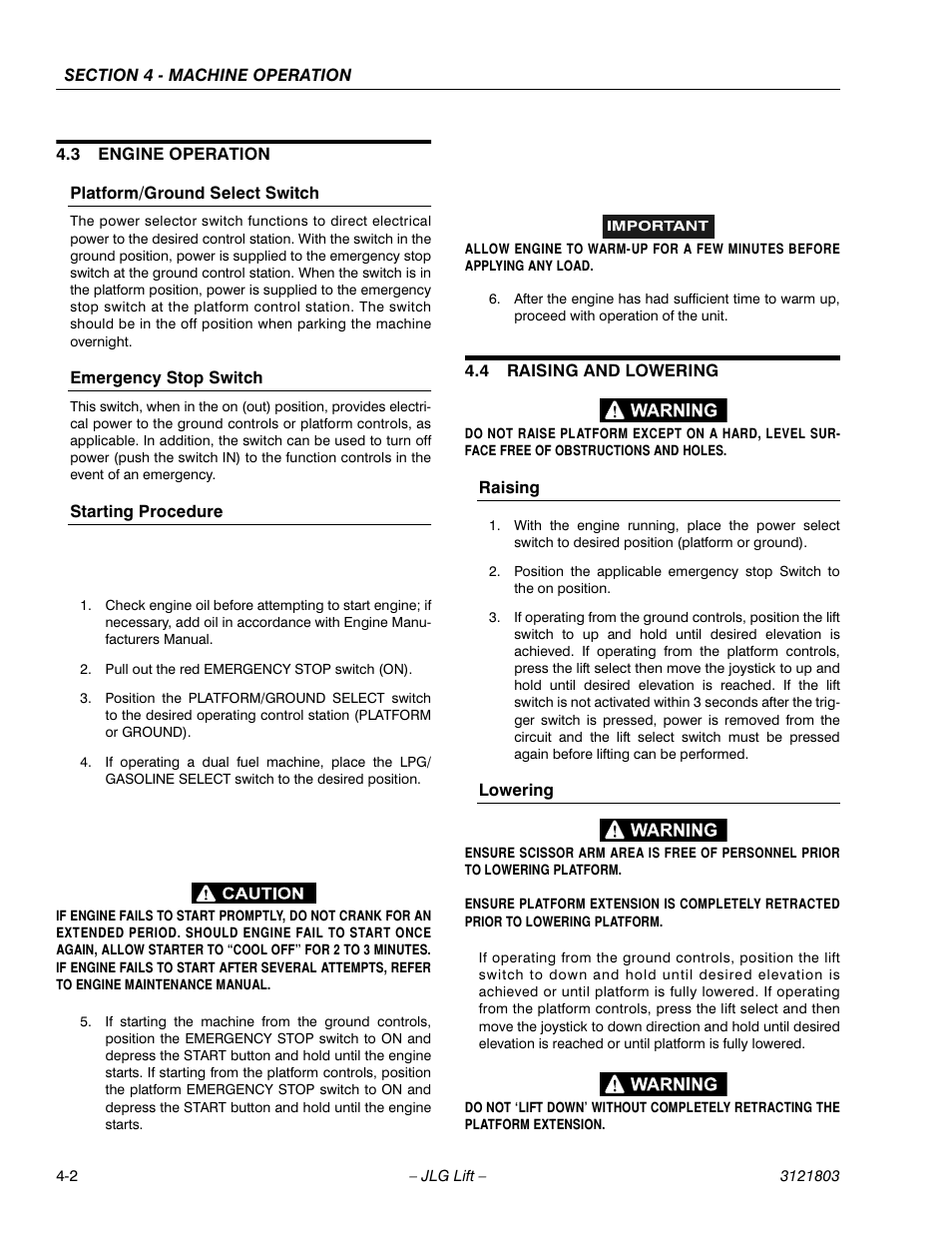 3 engine operation, Platform/ground select switch, Emergency stop switch | Starting procedure, 4 raising and lowering, Raising, Lowering, Engine operation -2, Raising and lowering -2 | JLG 400CRT Operator Manual User Manual | Page 34 / 46