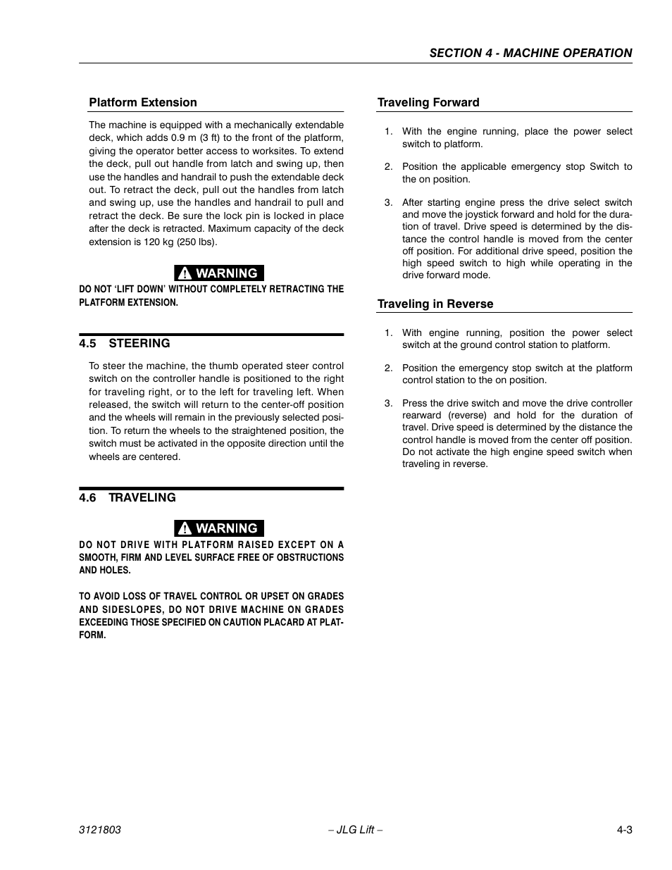 Platform extension, 5 steering, 6 traveling | Traveling forward, Traveling in reverse, Steering -3, Traveling -3 | JLG 400CRT Operator Manual User Manual | Page 35 / 46
