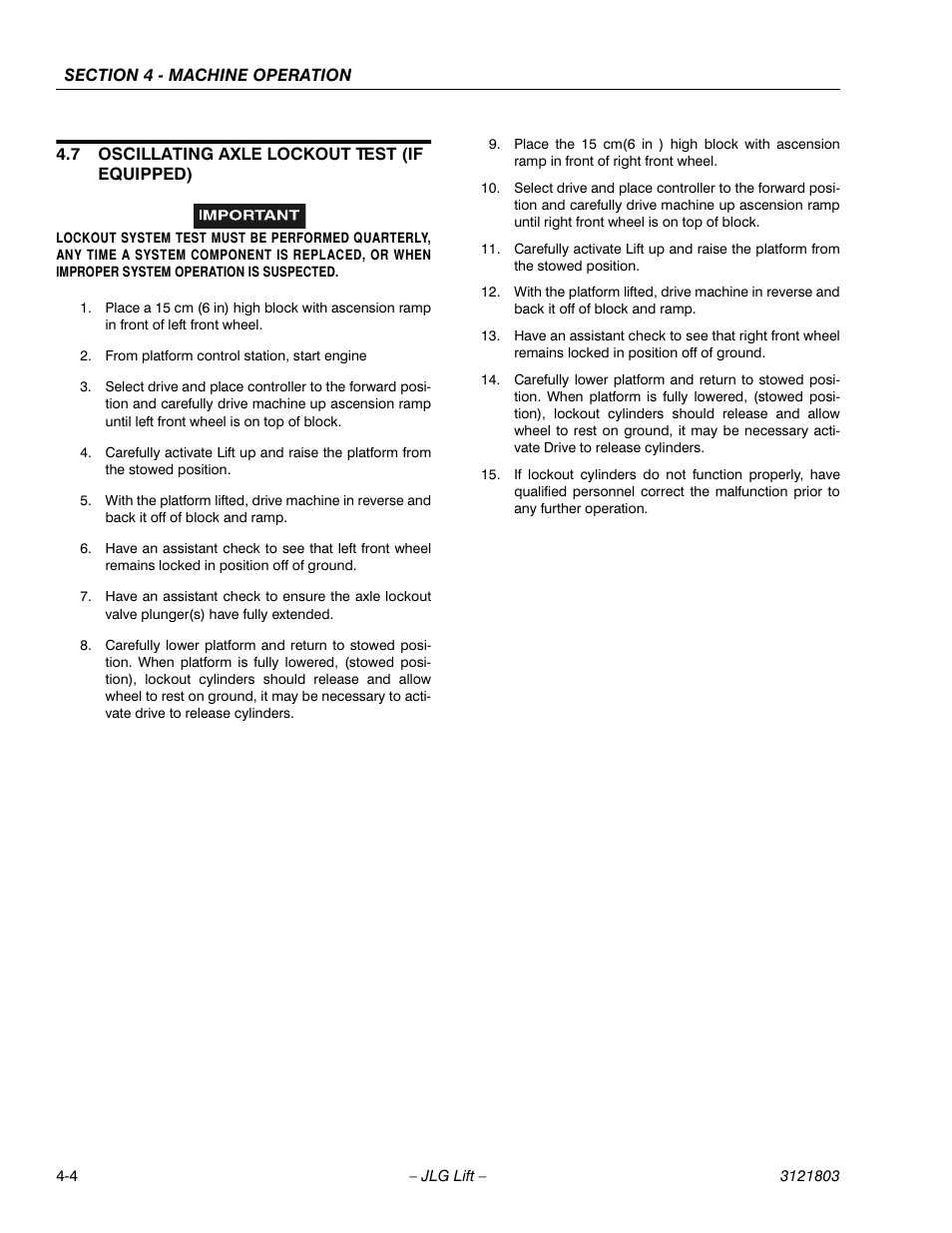 7 oscillating axle lockout test (if equipped), Oscillating axle lockout test (if equipped) -4 | JLG 400CRT Operator Manual User Manual | Page 36 / 46