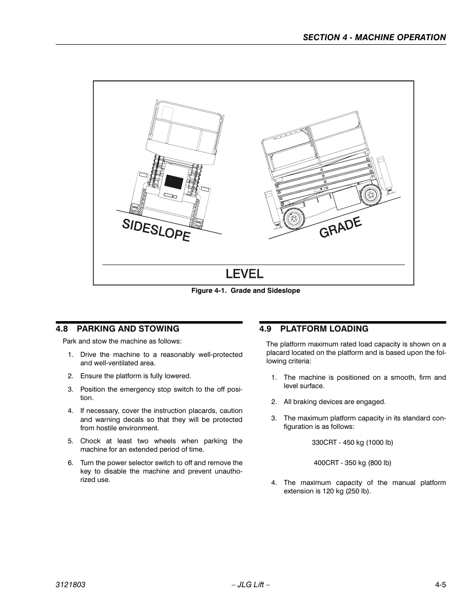 8 parking and stowing, 9 platform loading, Parking and stowing -5 | Platform loading -5, Grade and sideslope -5 | JLG 400CRT Operator Manual User Manual | Page 37 / 46