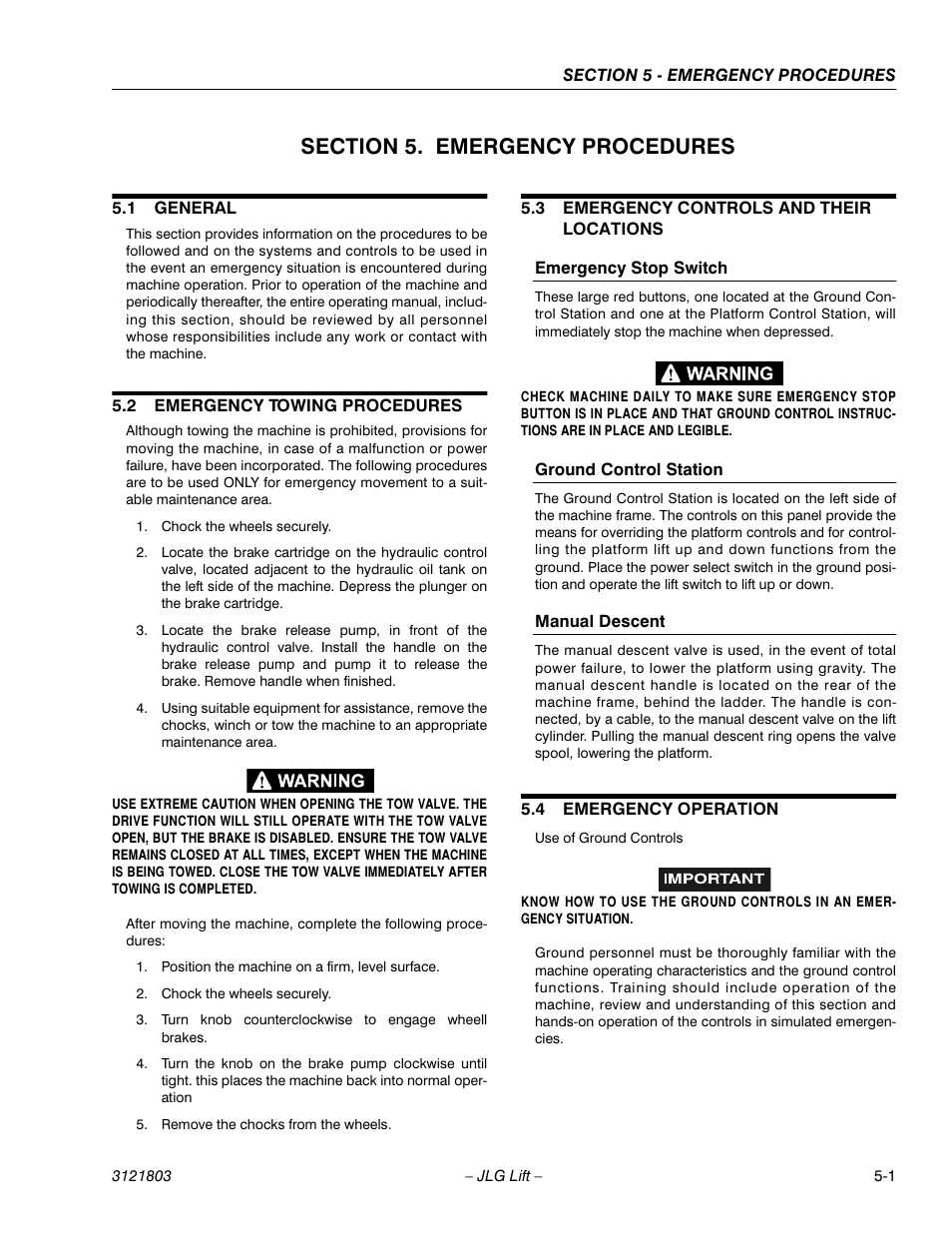 Section 5. emergency procedures, 1 general, 2 emergency towing procedures | 3 emergency controls and their locations, Emergency stop switch, Ground control station, Manual descent, 4 emergency operation, Section 5 - emergency procedures, General -1 | JLG 400CRT Operator Manual User Manual | Page 41 / 46