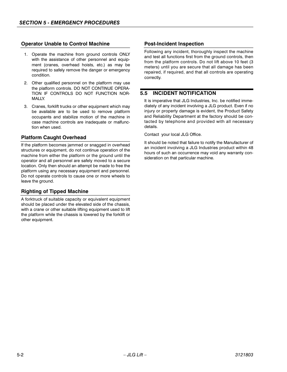 Operator unable to control machine, Platform caught overhead, Righting of tipped machine | Post-incident inspection, 5 incident notification, Incident notification -2 | JLG 400CRT Operator Manual User Manual | Page 42 / 46