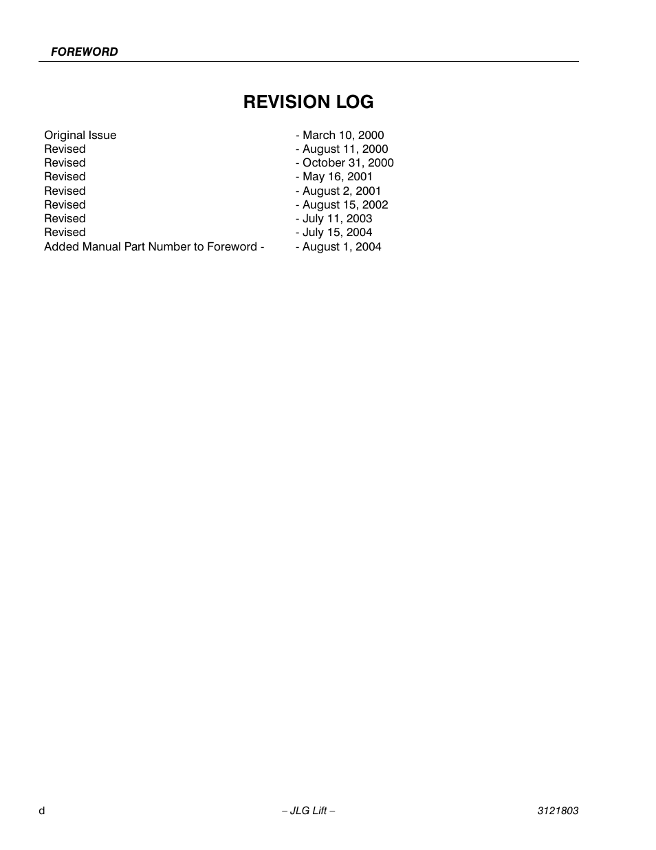 Revision log | JLG 400CRT Operator Manual User Manual | Page 6 / 46