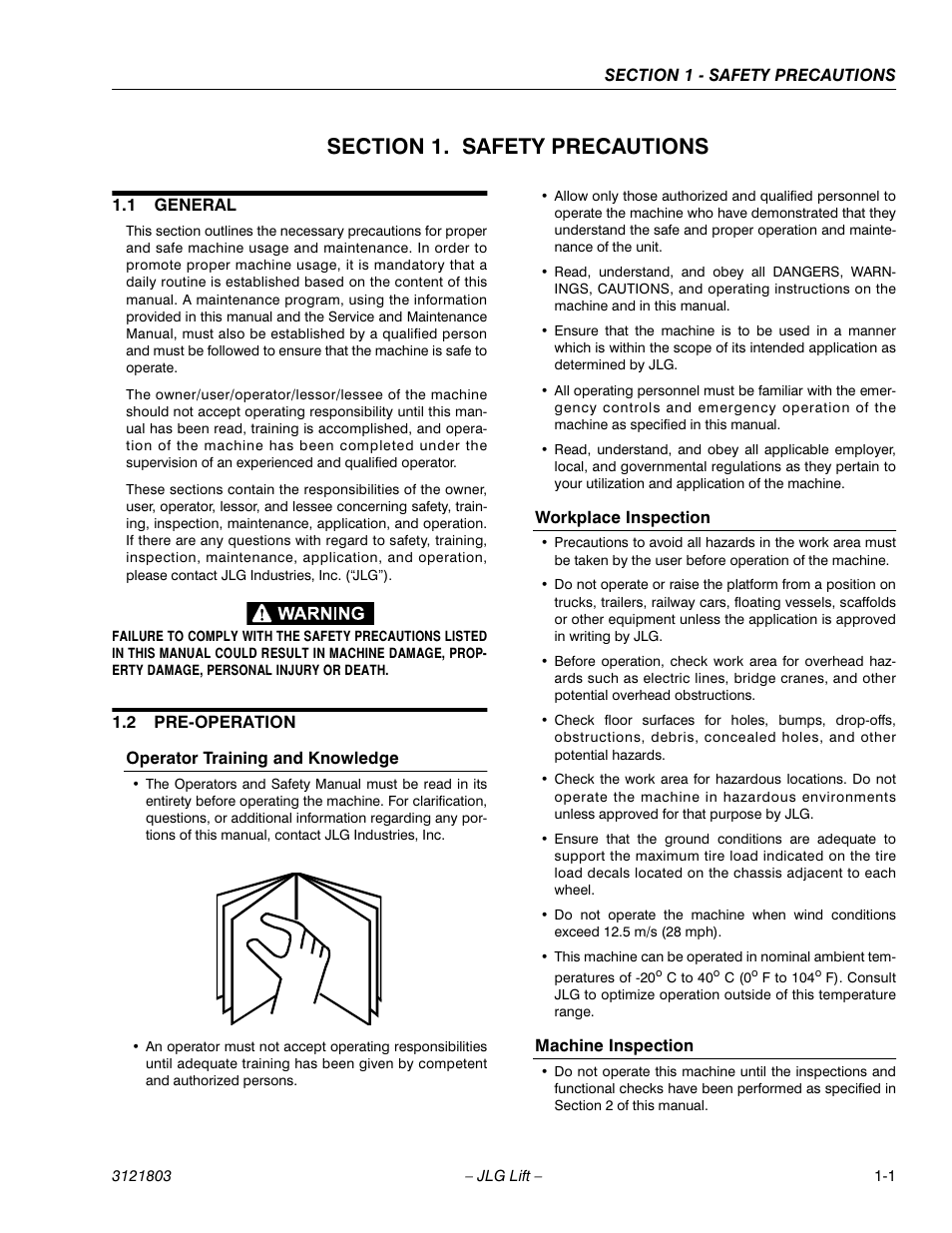 Section 1. safety precautions, 1 general, 2 pre-operation | Operator training and knowledge, Workplace inspection, Machine inspection, Section 1 - safety precautions, General -1, Pre-operation -1 | JLG 400CRT Operator Manual User Manual | Page 9 / 46
