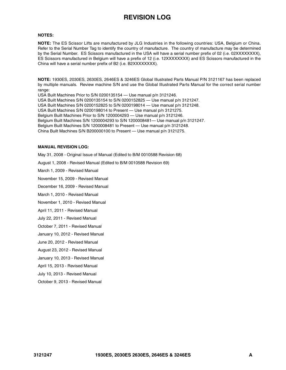 Revision log | JLG 3246ES Parts Manual User Manual | Page 3 / 214