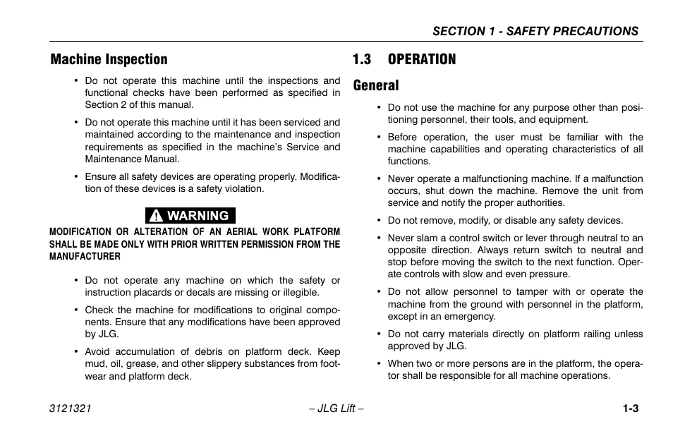 Machine inspection, 3 operation, General | Machine inspection -3, Operation -3, General -3, 3 operation general | JLG 67SL Operator Manual User Manual | Page 13 / 86
