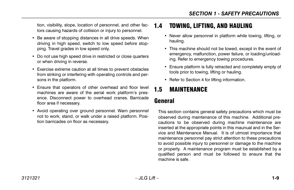 4 towing, lifting, and hauling, 5 maintenance, General | Towing, lifting, and hauling -9, Maintenance -9, General -9, 5 maintenance general | JLG 67SL Operator Manual User Manual | Page 19 / 86