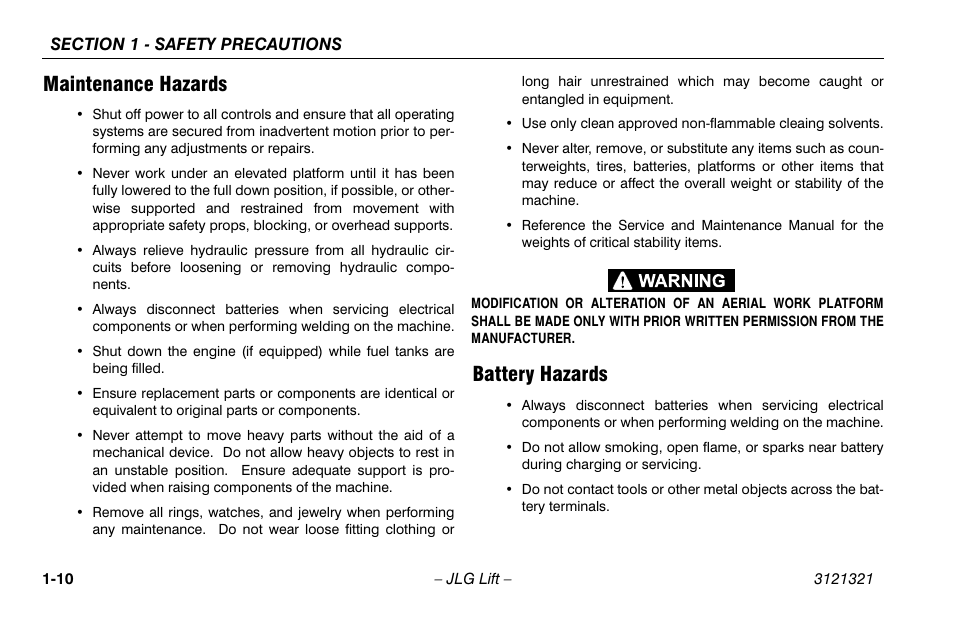 Maintenance hazards, Battery hazards, Maintenance hazards -10 battery hazards -10 | JLG 67SL Operator Manual User Manual | Page 20 / 86