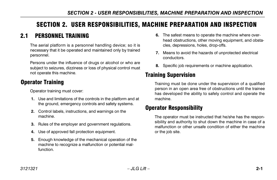 1 personnel training, Operator training, Training supervision | Operator responsibility, Personnel training -1, Operator training -1 training supervision -1, Operator responsibility -1 | JLG 67SL Operator Manual User Manual | Page 23 / 86