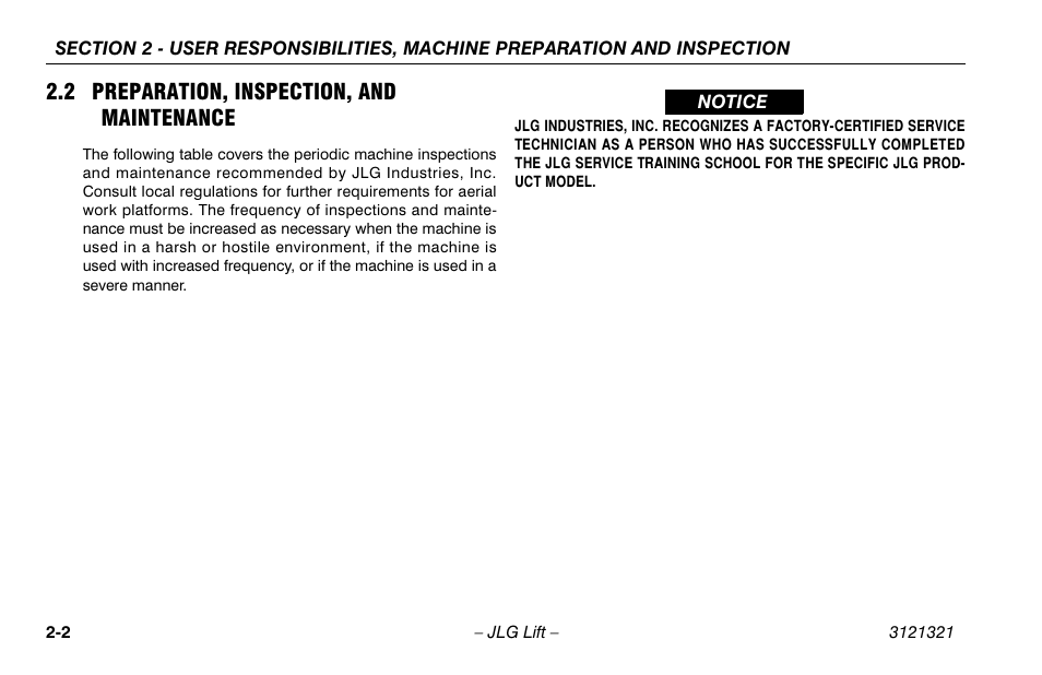 2 preparation, inspection, and maintenance, Preparation, inspection, and | JLG 67SL Operator Manual User Manual | Page 24 / 86