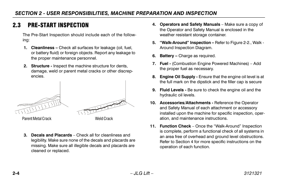3 pre-start inspection, Pre-start inspection -4 | JLG 67SL Operator Manual User Manual | Page 26 / 86