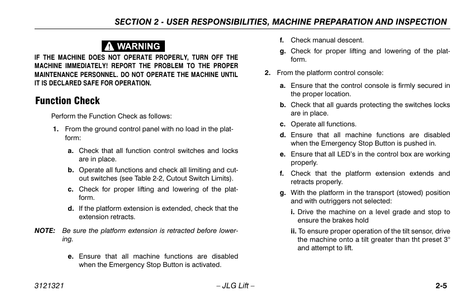 Function check, Function check -5 | JLG 67SL Operator Manual User Manual | Page 27 / 86