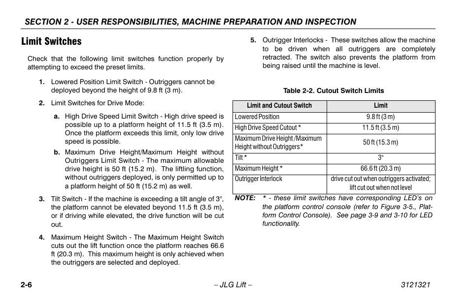 Limit switches, Limit switches -6, Cutout switch limits -6 | JLG 67SL Operator Manual User Manual | Page 28 / 86