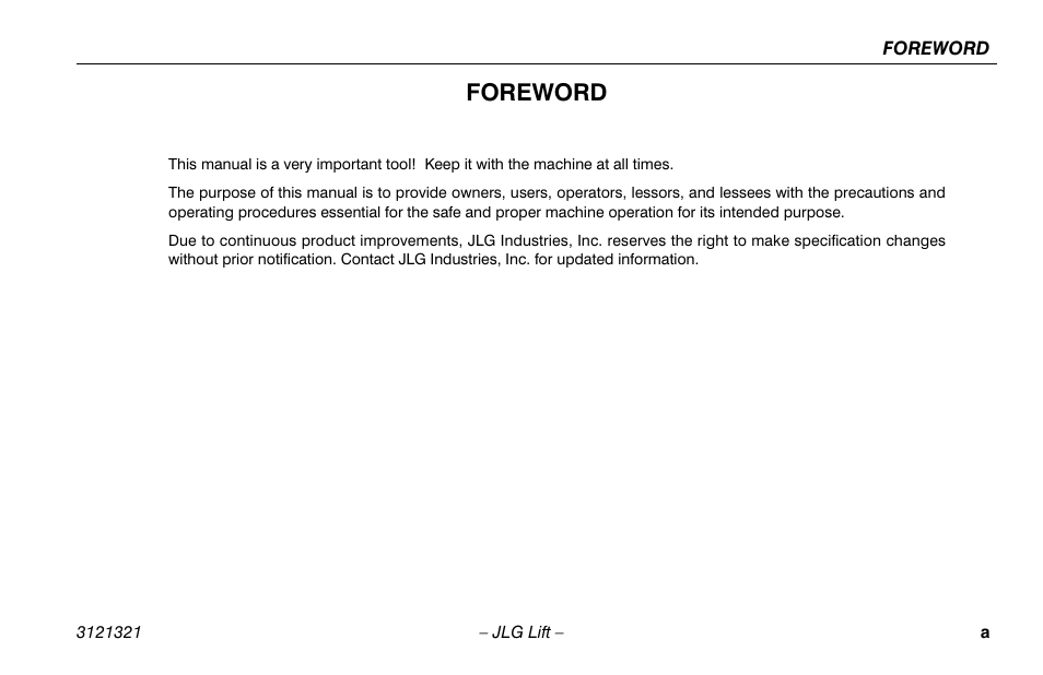 Foreword | JLG 67SL Operator Manual User Manual | Page 3 / 86