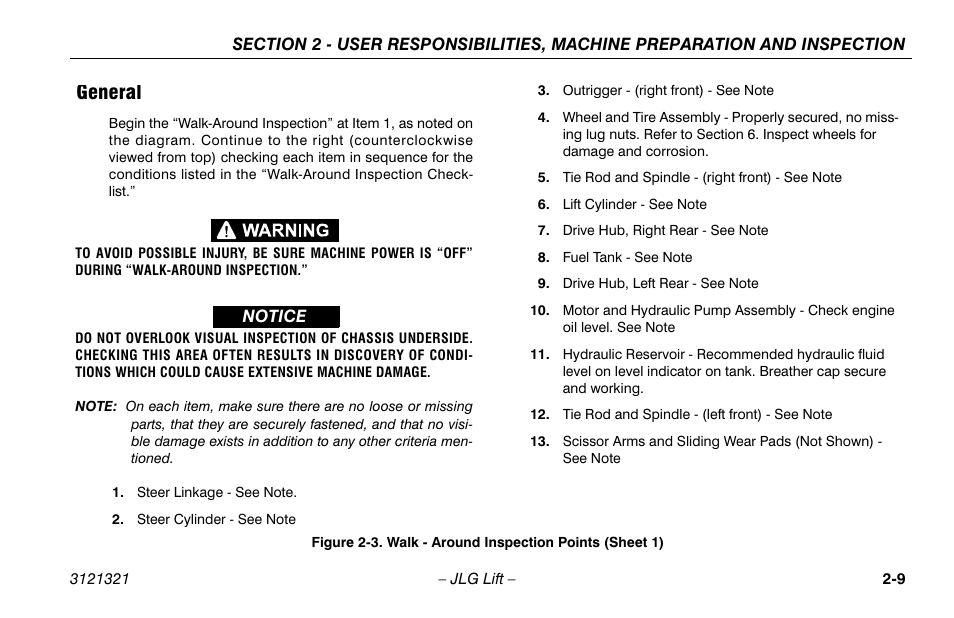 General -9, Walk - around inspection points (sheet 1) -9, General | JLG 67SL Operator Manual User Manual | Page 31 / 86