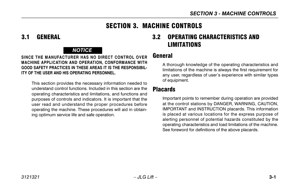 Section 3. machine controls, 1 general, 2 operating characteristics and limitations | General, Placards, Section - 3 - machine controls, General -1, Operating characteristics and, General -1 placards -1 | JLG 67SL Operator Manual User Manual | Page 33 / 86