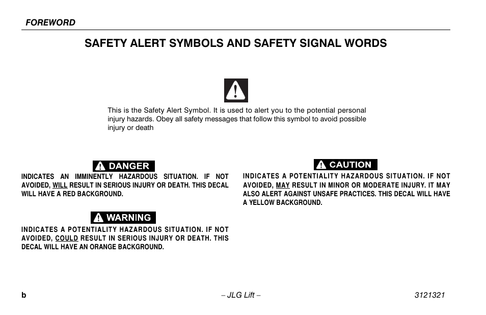 Safety alert symbols and safety signal words | JLG 67SL Operator Manual User Manual | Page 4 / 86