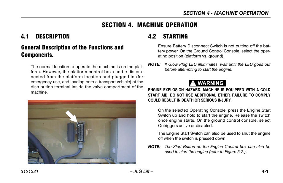 Section 4. machine operation, 1 description, 2 starting | Section - 4 - machine operation, Description -1, General description of the functions and, Starting -1 | JLG 67SL Operator Manual User Manual | Page 49 / 86