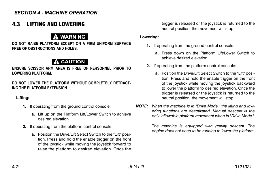 3 lifting and lowering, Lifting and lowering -2 | JLG 67SL Operator Manual User Manual | Page 50 / 86