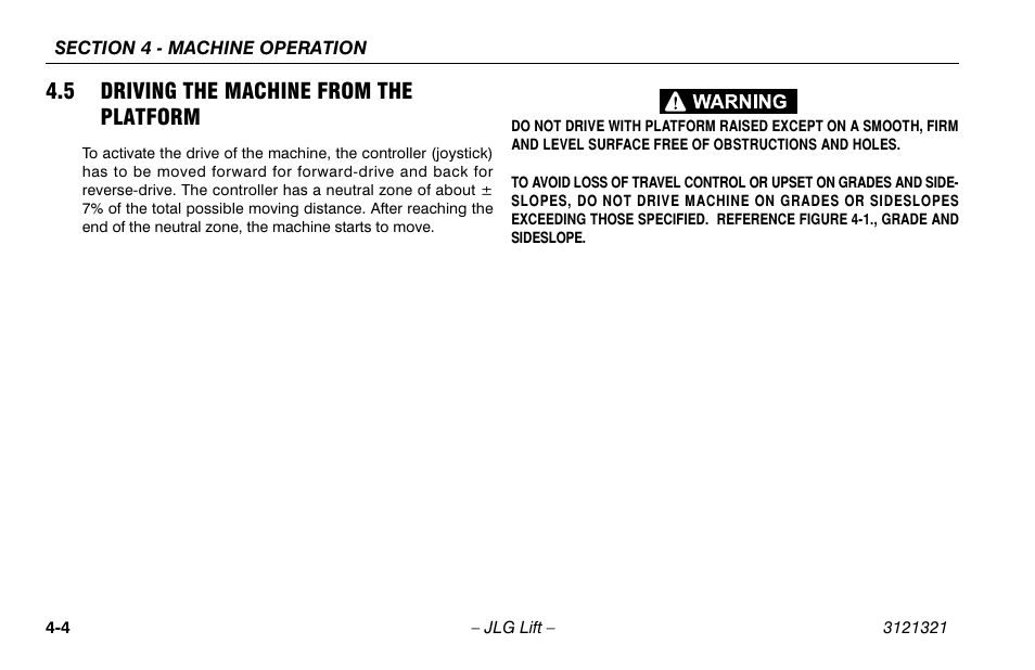 5 driving the machine from the platform, Driving the machine from the platform . 4-4 | JLG 67SL Operator Manual User Manual | Page 52 / 86