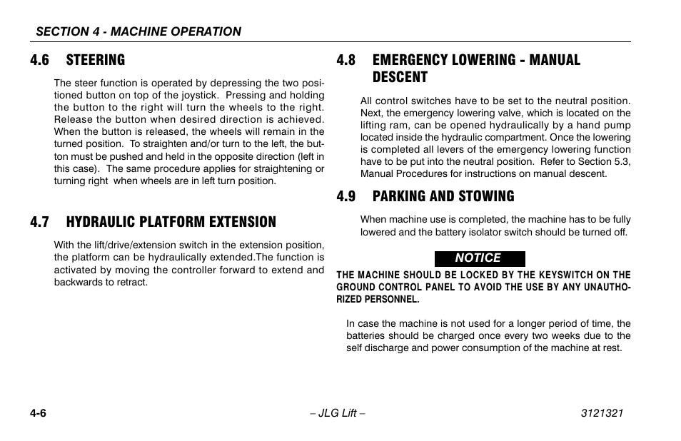 6 steering, 7 hydraulic platform extension, 8 emergency lowering - manual descent | 9 parking and stowing, Steering -6, Hydraulic platform extension -6, Emergency lowering - manual descent . 4-6, Parking and stowing -6 | JLG 67SL Operator Manual User Manual | Page 54 / 86