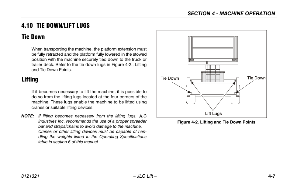 10 tie down/lift lugs, Tie down, Lifting | 10 tie down/lift lugs -7, Tie down -7 lifting -7, Lifting and tie down points -7, 10 tie down/lift lugs tie down | JLG 67SL Operator Manual User Manual | Page 55 / 86