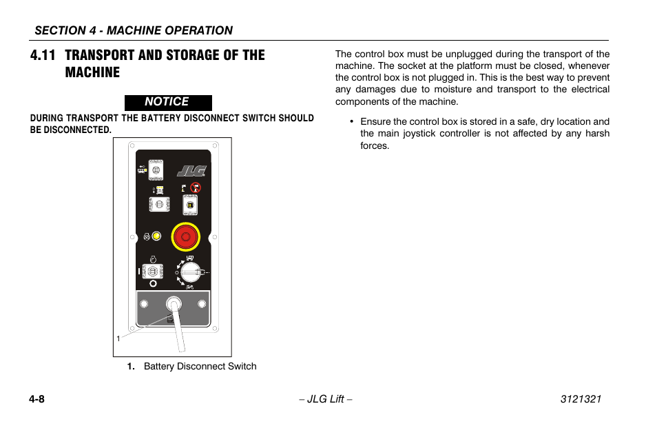 11 transport and storage of the machine, 11 transport and storage of the machine . 4-8 | JLG 67SL Operator Manual User Manual | Page 56 / 86