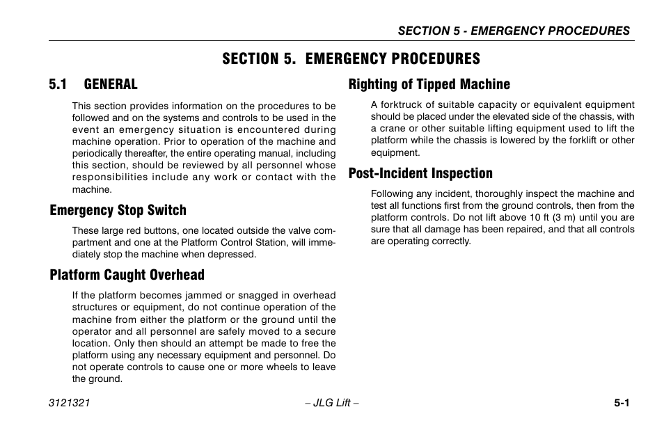 Section 5. emergency procedures, 1 general, Emergency stop switch | Platform caught overhead, Righting of tipped machine, Post-incident inspection, Section - 5 - emergency procedures, General -1 | JLG 67SL Operator Manual User Manual | Page 57 / 86