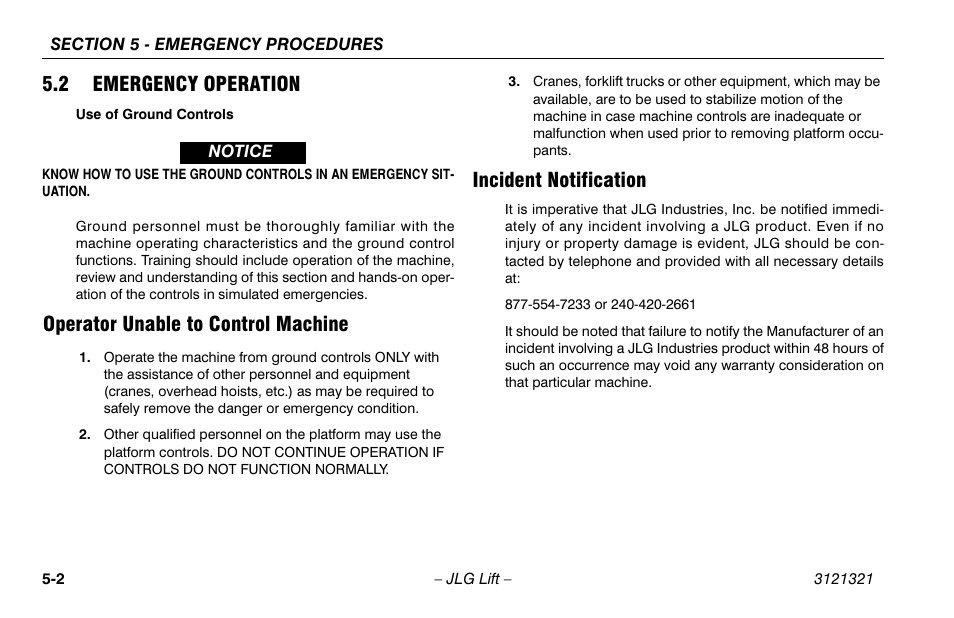2 emergency operation, Operator unable to control machine, Incident notification | Emergency operation -2 | JLG 67SL Operator Manual User Manual | Page 58 / 86