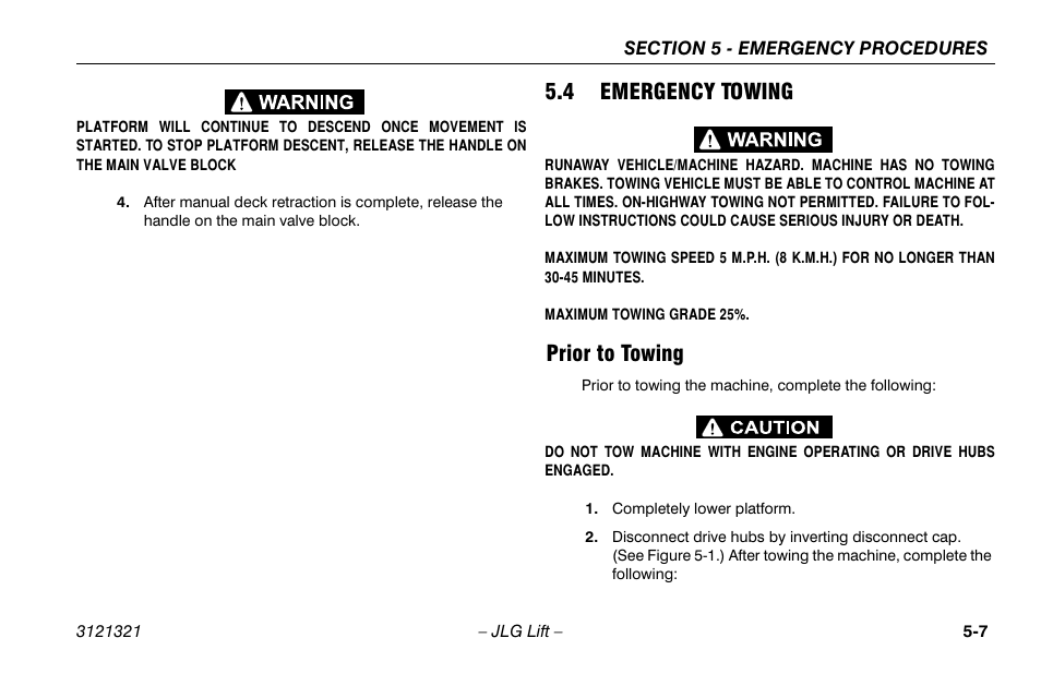 4 emergency towing, Prior to towing, Emergency towing -7 | Prior to towing -7 | JLG 67SL Operator Manual User Manual | Page 63 / 86