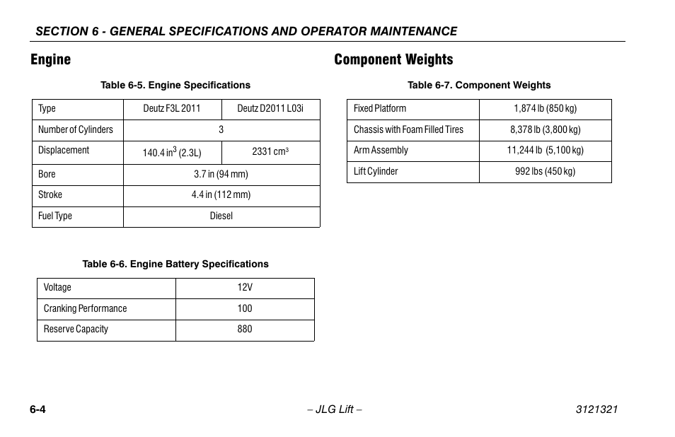 Engine, Component weights, Engine -4 component weights -4 | Engine specifications -4, Engine battery specifications -4, Component weights -4, Engine component weights | JLG 67SL Operator Manual User Manual | Page 68 / 86