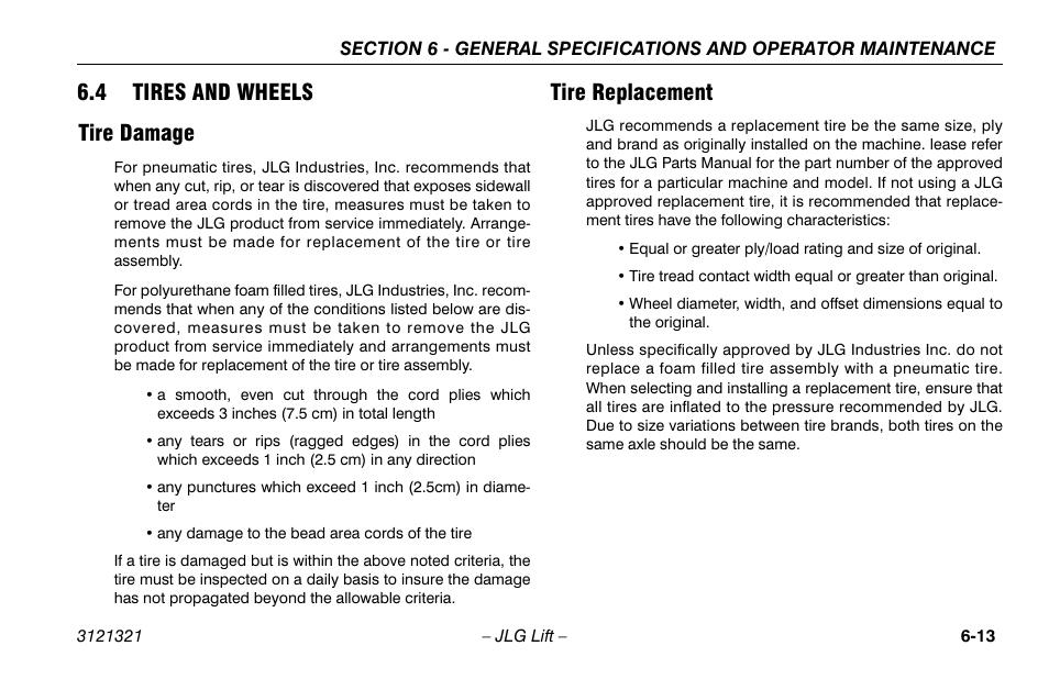 4 tires and wheels, Tire damage, Tire replacement | Tires and wheels -13, Tire damage -13 tire replacement -13, 4 tires and wheels tire damage | JLG 67SL Operator Manual User Manual | Page 77 / 86