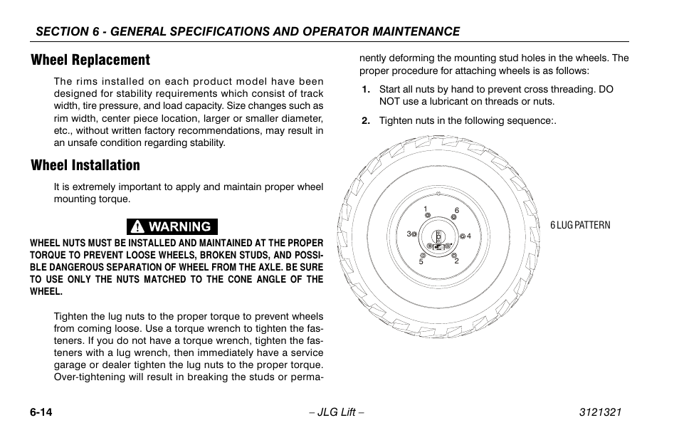 Wheel replacement, Wheel installation, Wheel replacement -14 wheel installation -14 | JLG 67SL Operator Manual User Manual | Page 78 / 86