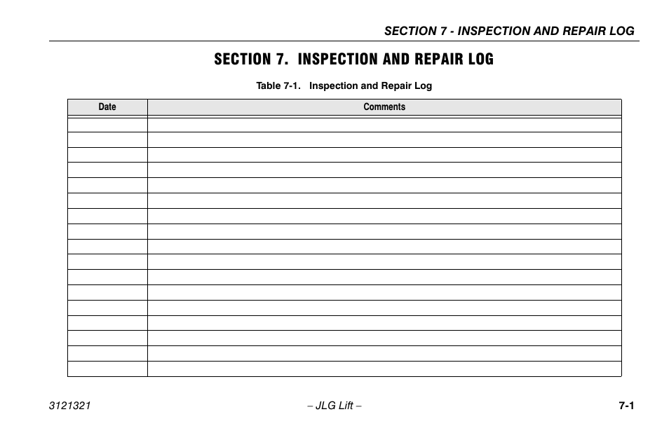 Section 7. inspection and repair log, Section - 7 - inspection and repair log, Inspection and repair log -1 | JLG 67SL Operator Manual User Manual | Page 81 / 86