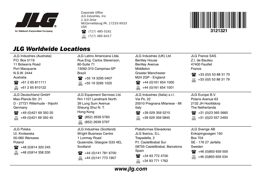 Jlg worldwide locations | JLG 67SL Operator Manual User Manual | Page 86 / 86
