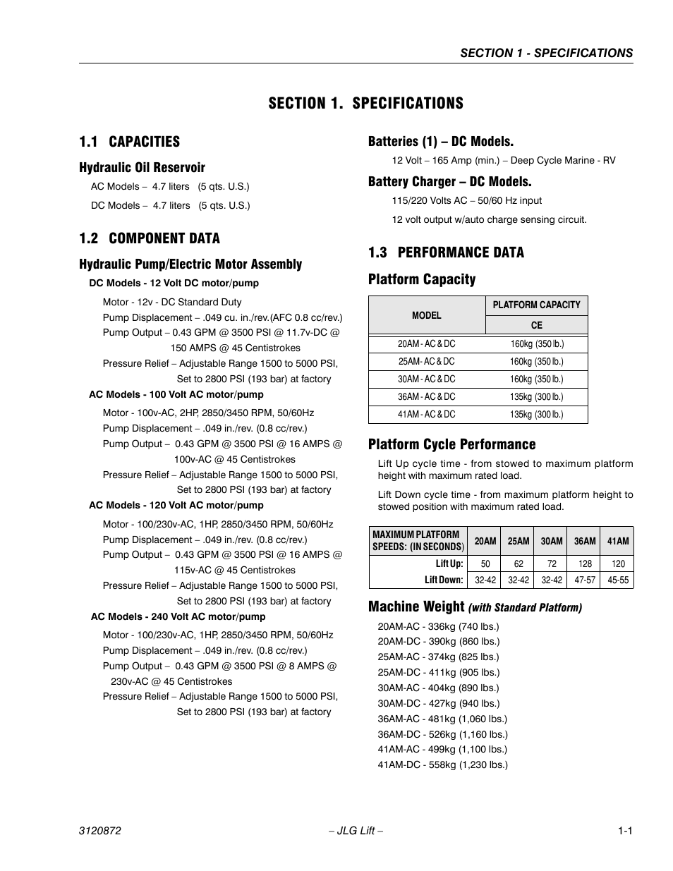 Section 1. specifications, 1 capacities, Hydraulic oil reservoir | 2 component data, Hydraulic pump/electric motor assembly, Batteries (1) – dc models, Battery charger – dc models, 3 performance data, Platform capacity, Platform cycle performance | JLG 41AM (3120872) Service Manual User Manual | Page 11 / 76