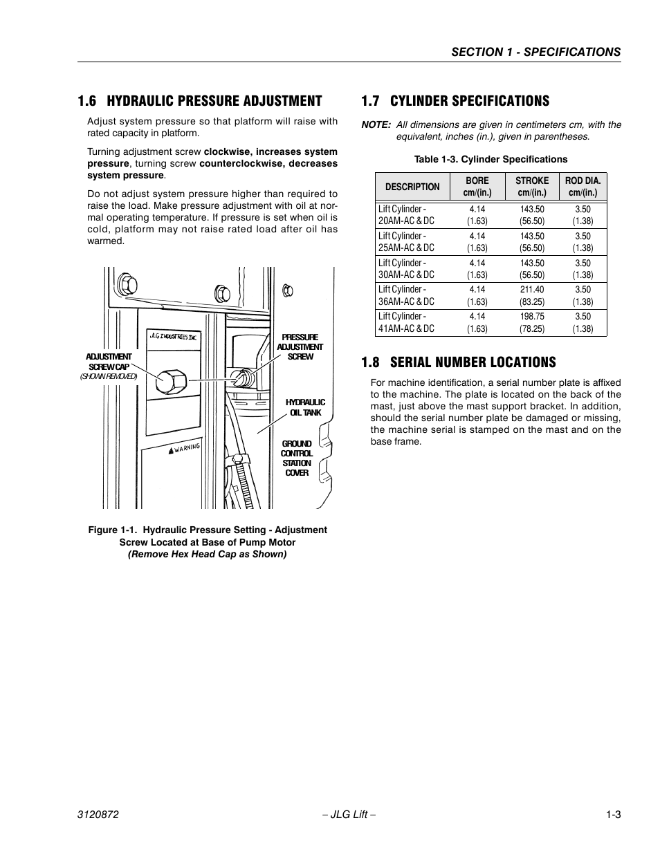 6 hydraulic pressure adjustment, 7 cylinder specifications, 8 serial number locations | Hydraulic pressure setting -3, Cylinder specifications -3 | JLG 41AM (3120872) Service Manual User Manual | Page 13 / 76