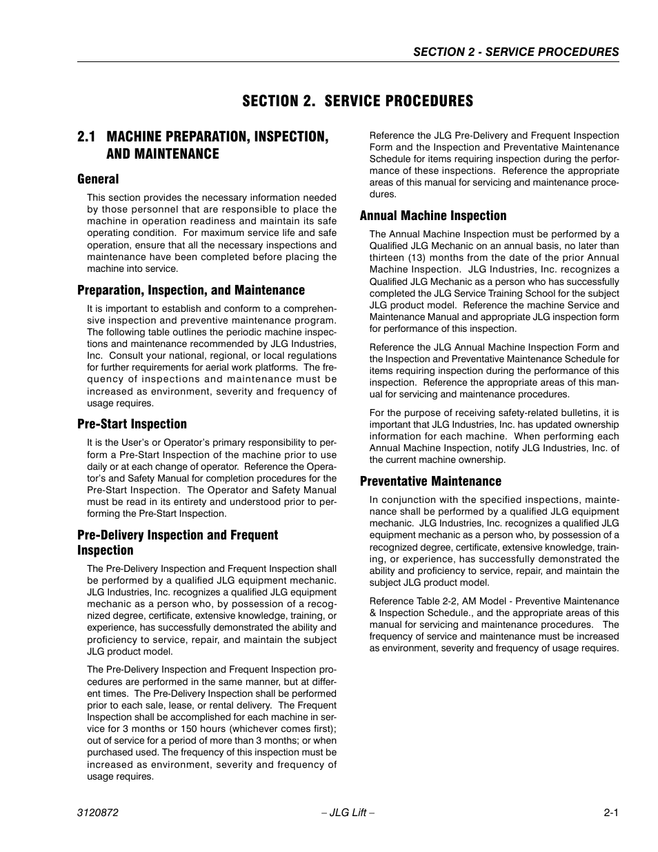 Section 2. service procedures, 1 machine preparation, inspection, and maintenance, General | Preparation, inspection, and maintenance, Pre-start inspection, Pre-delivery inspection and frequent inspection, Annual machine inspection, Preventative maintenance, Section 2 - service procedures | JLG 41AM (3120872) Service Manual User Manual | Page 23 / 76